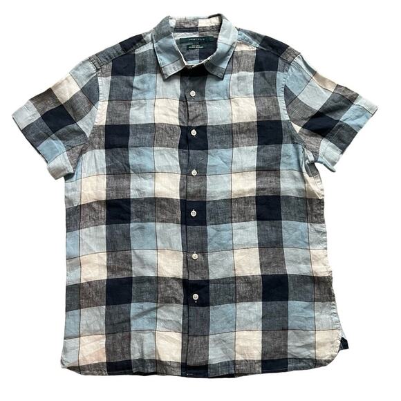 Perry Ellis Linen Blue Plaid Short Sleeve Button Down Shirt- Size M - Picture 1 of 10